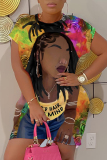 Brown Figure Print O Neck Short Sleeve Wrapped Skirt Short Sleeve Casual Outing Bodycon Mini T-shirt Dress