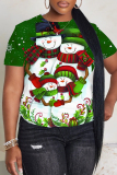 Green Christmas Graphic Snowman Bear Santa Print Round Neck Short Sleeve T-Shirts Tops