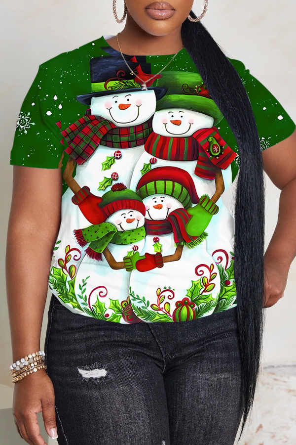Green Christmas Graphic Snowman Bear Santa Print Round Neck Short Sleeve T-Shirts Tops