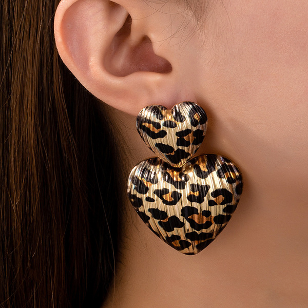 Leopard Print Metal Heart-Shaped Dangle Earrings