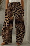 Dark Grey Casual Leopard Print Contrast With Pocket Elastic High Waist Straight Loose Pants Trousers