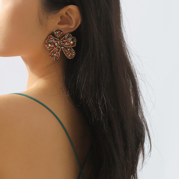 Red Christmas Bohemian Oversize Elegant Bow Beaded Earrings