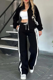 Black Stripe Contrast Sportwear Zip-up Stand Collar Long Sleeve Jacket and Straight Leg Sweatpants Fall Winter Two Pieces Sweatsuit Sets
