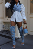 White Denim Casual Lace Up Turndown Collar Vest Long Hubble-Bubble Sleeve Shirts Fake 2pcs and Shorts Two Pieces Sets