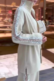 White Loose Casual Sequins Draw String Zipper Mandarin Collar Long Sleeve Jackets and Wide Leg Pants Fall Winter Two Pieces Sets