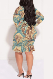 Light Yellow Casual Plaid Floral Print Lace Up V Neck Long Sleeve Ruffle Hem Vacation Plus Size Bodycon Midi Dresses