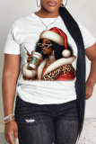 White Blue Christmas Hat Casual African Girl Print Round Neck Short Sleeve T-Shirts Tops