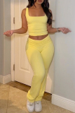 Yellow Skinny Casual Sportwear Gym U Neck Sleeveless Tank Vest and Flared Pants Two Pieces Matching Sets
