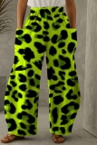 Grey Casual Leopard Print Contrast With Pocket Elastic High Waist Wide Straight Leg Loose Pants Trousers