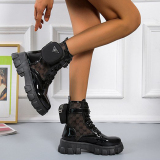 Black White Cross Straps Closed Ankle Boots Leather Lace Up Autumn Platform Female British Martin Boots