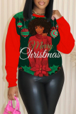 Red Blue Christmas Hat African Girl Print Round Neck Long Sleeve Fall Winter Fleece-lined Sweatshirt Tops