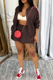 Brown Striped Draw String Contrast Zipper Collar Long Sleeve Jacket and Mini Bubble Skirts Two Pieces Dress Sets