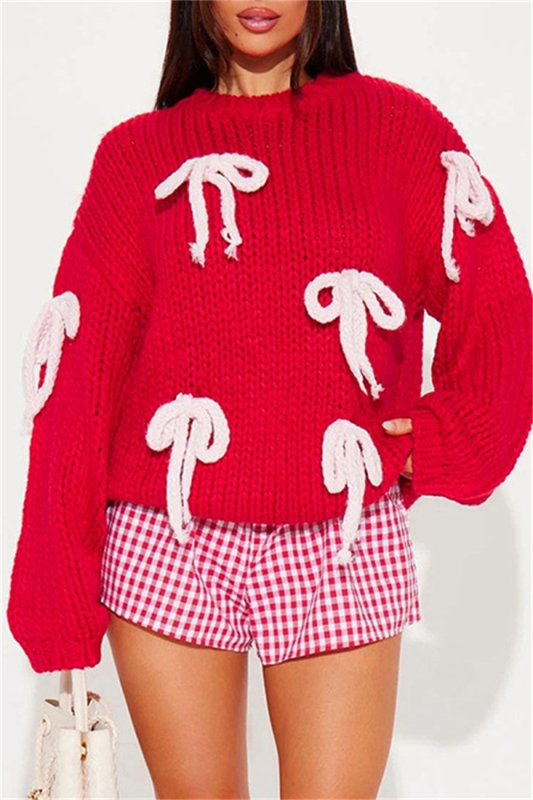 Red Woolen Weaving Casual Loose Bow Decor Round Neck Long Sleeve Fall Winter Knitted Sweater Tops