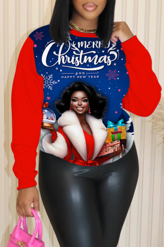 Red Blue Christmas Hat African Girl Print Round Neck Long Sleeve Fall Winter Fleece-lined Sweatshirt Tops