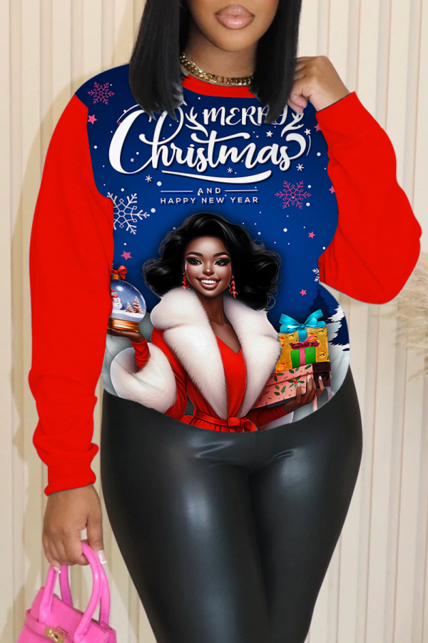 Red Blue Christmas Hat African Girl Print Round Neck Long Sleeve Fall Winter Fleece-lined Sweatshirt Tops