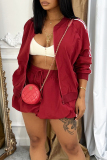 Brown Striped Draw String Contrast Zipper Collar Long Sleeve Jacket and Mini Bubble Skirts Two Pieces Dress Sets