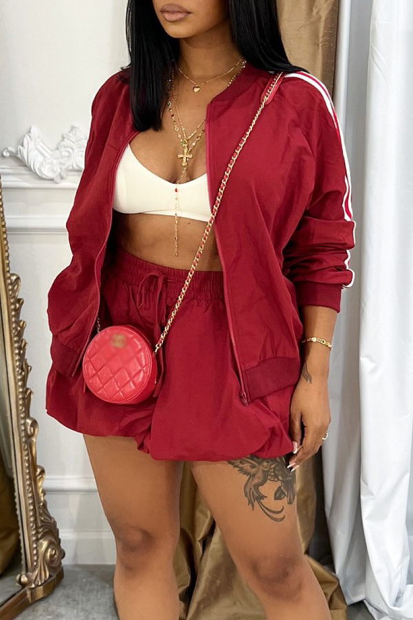 Brown Striped Draw String Contrast Zipper Collar Long Sleeve Jacket and Mini Bubble Skirts Two Pieces Dress Sets