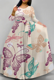 Blue Boho Floral Butterfly Print Deep V Neck 3/4 Sleeve Strap Design Belted Floor Length Plus Size Vacation Loose A Line Maxi Dress
