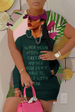 Pastel Green Figure Print O Neck Short Sleeve Wrapped Skirt Short Sleeve Casual Outing Bodycon Mini T-shirt Dress