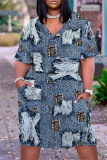 Denim Blue Casual Graphics Print V Neck Short Sleeve Pockets Plus Size T-shirt Midi Dresses