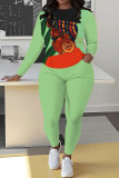 Light Blue Casual African Girl Print Round Neck Long Sleeve Sweatshirt and Pencil Sweatpants Fall Winter Two Pieces Sweatsuits Sets