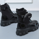 White Cross Straps Closed Ankle Boots Leather Lace Up Autumn Platform Female British Motorcycle Boots