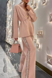 White Loose Casual Sequins Draw String Zipper Mandarin Collar Long Sleeve Jackets and Wide Leg Pants Fall Winter Two Pieces Sets