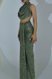 Green Skinny Party Club Formal Elegant Ruched Round Neck Vest and Maxi Wrap Skirts Two Pieces Dress Sets