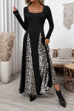 Black Square Neck Long Sleeve Flared Hem with Leopard Print Panels A-line Formal Evening Pleated Flowy Maxi Dress