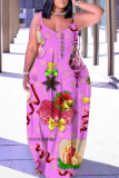 Watermelon Red Christmas Print Sleeveless Backless Spaghetti Strap Floor Length Vacation Baggy Sundress Slip Maxi Dress