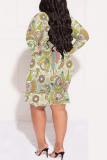 Light Yellow Casual Plaid Floral Print Lace Up V Neck Long Sleeve Ruffle Hem Vacation Plus Size Bodycon Midi Dresses