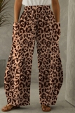 Grey Casual Leopard Print Contrast With Pocket Elastic High Waist Wide Straight Leg Loose Pants Trousers