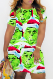 Pink Christmas Grinch Print O Neck Short Sleeve Wrapped Skirt Short Sleeve Casual Outing Bodycon Mini T-shirt Dress