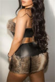 Black PU Plush Skinny Party Club Backless Strapless Sleeveless Tube Tops and Mini Wrap Skirts Fall Winter Two Pieces Dress Sets