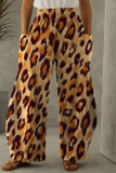 Dark Grey Casual Leopard Print Contrast With Pocket Elastic High Waist Straight Loose Pants Trousers