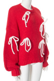 Red Woolen Weaving Casual Loose Bow Decor Round Neck Long Sleeve Fall Winter Knitted Sweater Tops