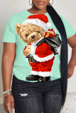 Green Christmas Graphic Snowman Bear Santa Print Round Neck Short Sleeve T-Shirts Tops