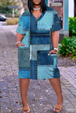 Denim Blue Casual Graphics Print V Neck Short Sleeve Pockets Plus Size T-shirt Midi Dresses