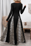 Black Square Neck Long Sleeve Flared Hem with Leopard Print Panels A-line Formal Evening Pleated Flowy Maxi Dress