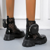 Black White Cross Straps Closed Ankle Boots Leather Lace Up Autumn Platform Female British Martin Boots