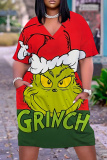 Dark Gray Christmas Grinch Outfit V Neck Short Sleeve Long Plus Size Casual Outing Straight Loose Midi Dress with Pocket