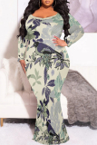 Green Casual Floral Print O Neck Long Sleeve Mermaid Hem Long Plus Size Evening Party Bodycon Maxi Dress