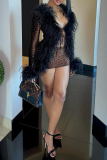 Brown Party Club Leopard Print Fringed Fur Trim Tie-front Deep V Neck Long Sleeve Tops and Mini Wrap Skirts Two Pieces Dress Sets