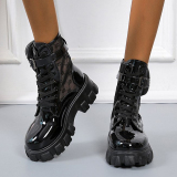 Black White Cross Straps Closed Ankle Boots Leather Lace Up Autumn Platform Female British Martin Boots