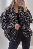 Casual Loose Leopard Print Zipper Collar Long Sleeve Fall Winter Jackets Coats Outerwear