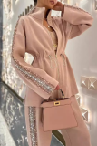 White Loose Casual Sequins Draw String Zipper Mandarin Collar Long Sleeve Jackets and Wide Leg Pants Fall Winter Two Pieces Sets