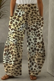 Dark Grey Casual Leopard Print Contrast With Pocket Elastic High Waist Straight Loose Pants Trousers