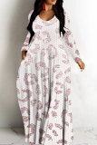 Rose Red Leopard Print V Neck Long Sleeve Floor Length Casual Outing Straight Loose Maxi Dress