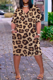 Brown Casual Leopard Print V Neck Short Sleeve Pockets Plus Size T-shirt Midi Dresses