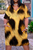 Brown Casual Leopard Print V Neck Short Sleeve Pockets Plus Size T-shirt Midi Dresses